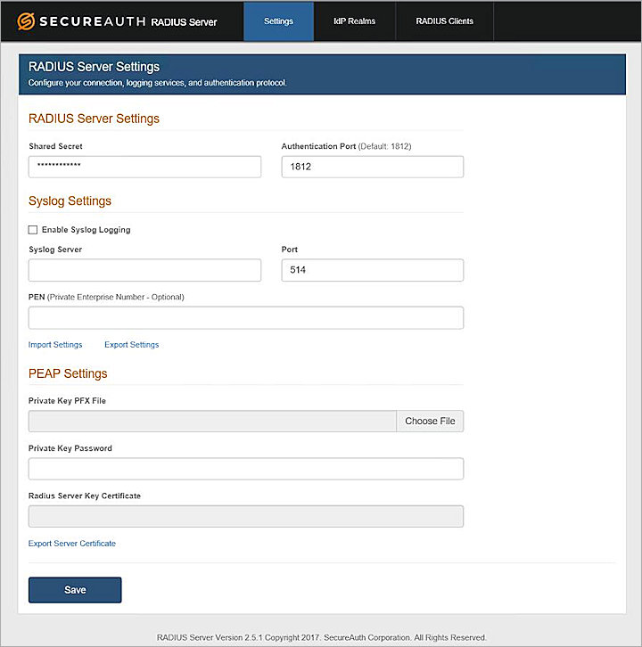 Screenshot of the SecureAuth RADIUS Server Settings dialog box, Settings tab